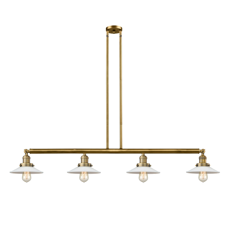 Halophane Island Light shown in the Brushed Brass finish with a Matte White Halophane shade