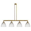 Seneca Falls Island Light shown in the Brushed Brass finish with a Clear Halophane shade