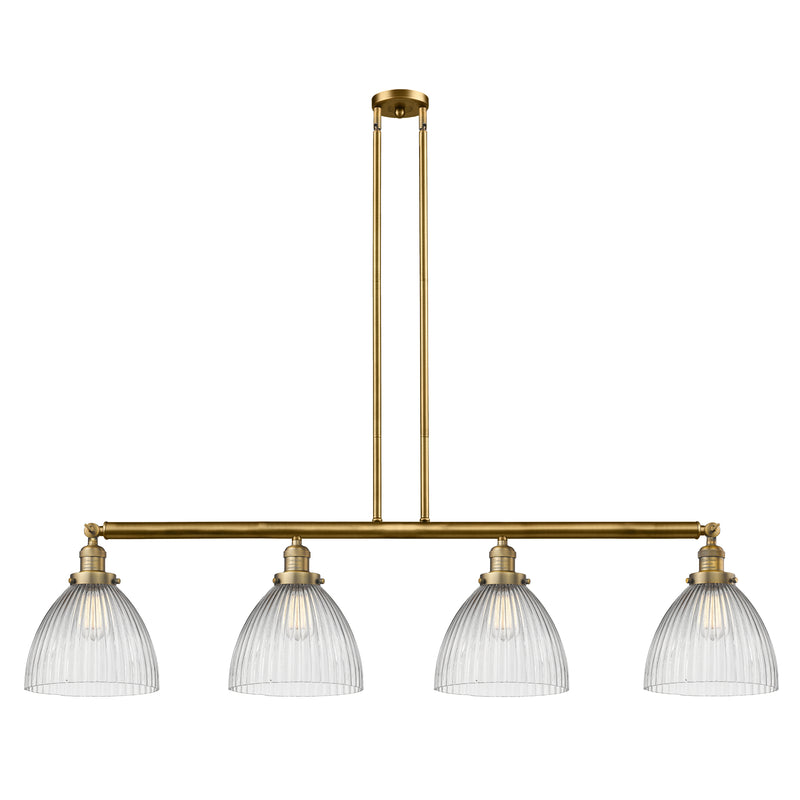 Seneca Falls Island Light shown in the Brushed Brass finish with a Clear Halophane shade