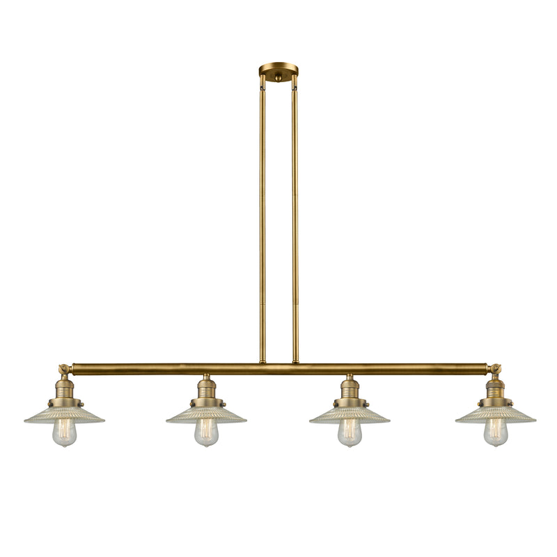 Halophane Island Light shown in the Brushed Brass finish with a Clear Halophane shade