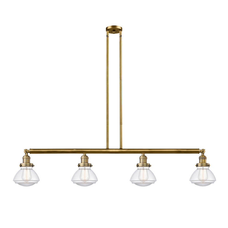 Olean Island Light shown in the Brushed Brass finish with a Clear shade