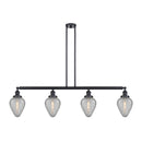 Geneseo Island Light shown in the Matte Black finish with a Clear Crackled shade