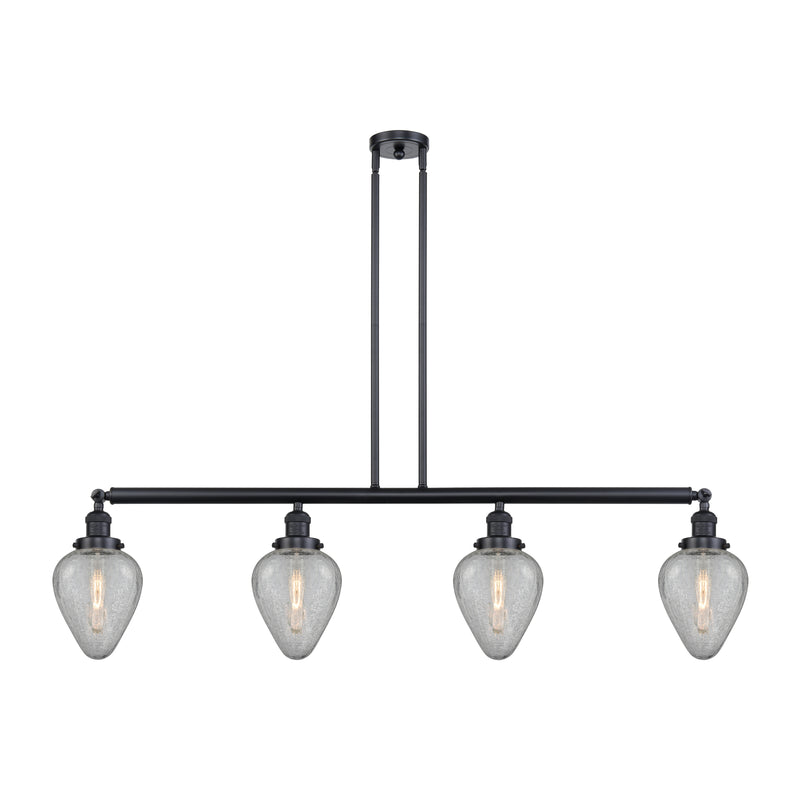 Geneseo Island Light shown in the Matte Black finish with a Clear Crackled shade