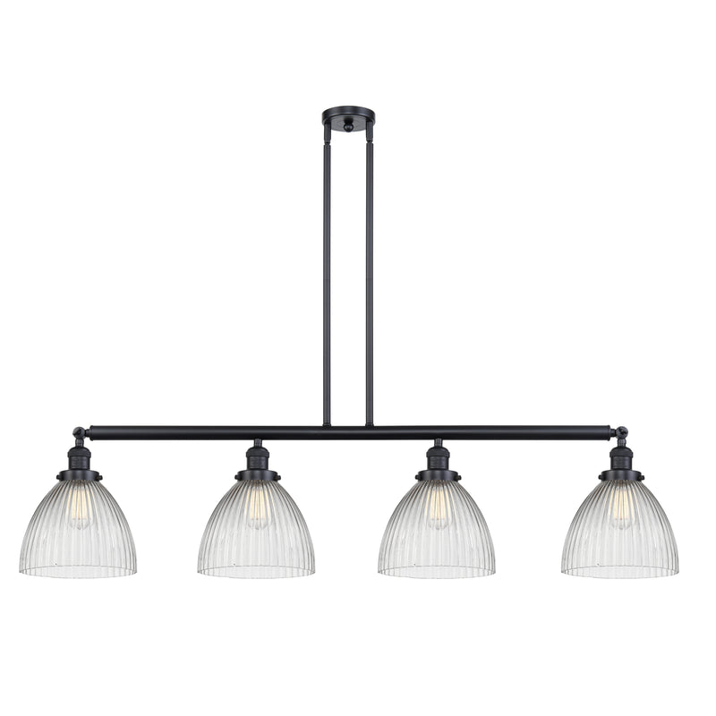 Seneca Falls Island Light shown in the Matte Black finish with a Clear Halophane shade