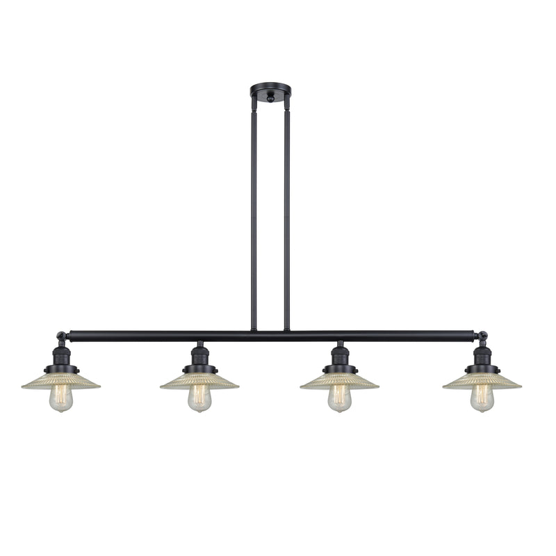 Halophane Island Light shown in the Matte Black finish with a Clear Halophane shade