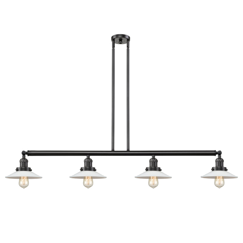 Halophane Island Light shown in the Oil Rubbed Bronze finish with a Matte White Halophane shade