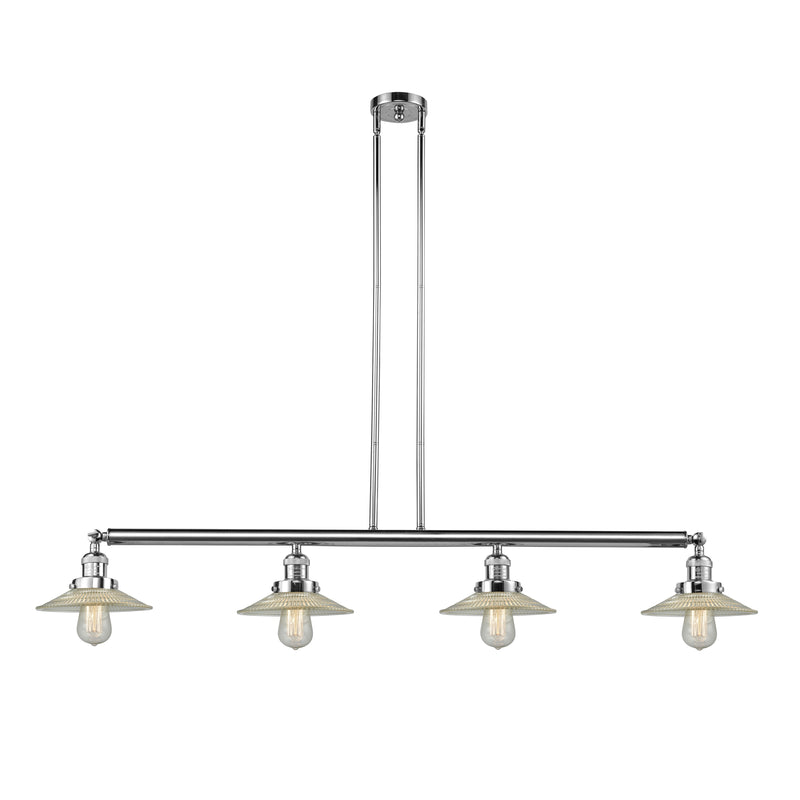 Halophane Island Light shown in the Polished Chrome finish with a Clear Halophane shade