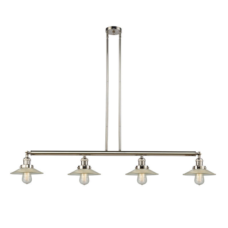 Halophane Island Light shown in the Polished Nickel finish with a Clear Halophane shade