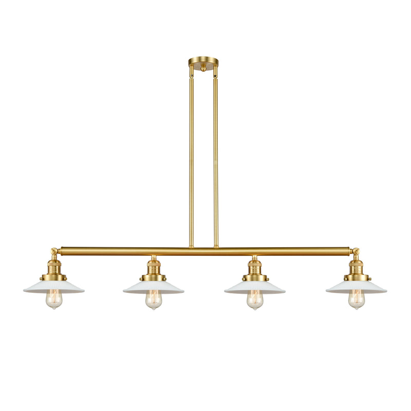 Halophane Island Light shown in the Satin Gold finish with a Matte White Halophane shade