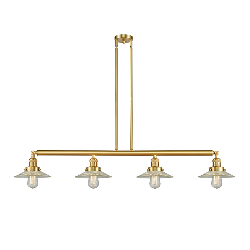 Halophane Island Light shown in the Satin Gold finish with a Clear Halophane shade