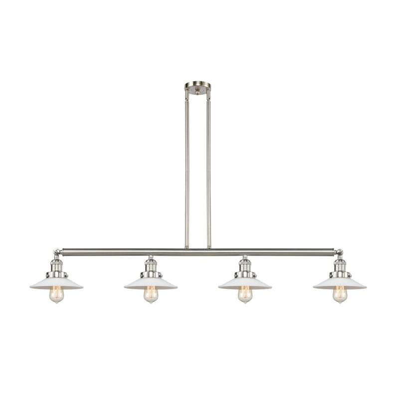 Halophane Island Light shown in the Brushed Satin Nickel finish with a Matte White Halophane shade