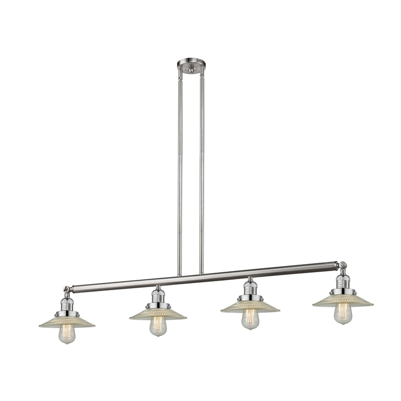 Halophane Island Light shown in the Brushed Satin Nickel finish with a Clear Halophane shade