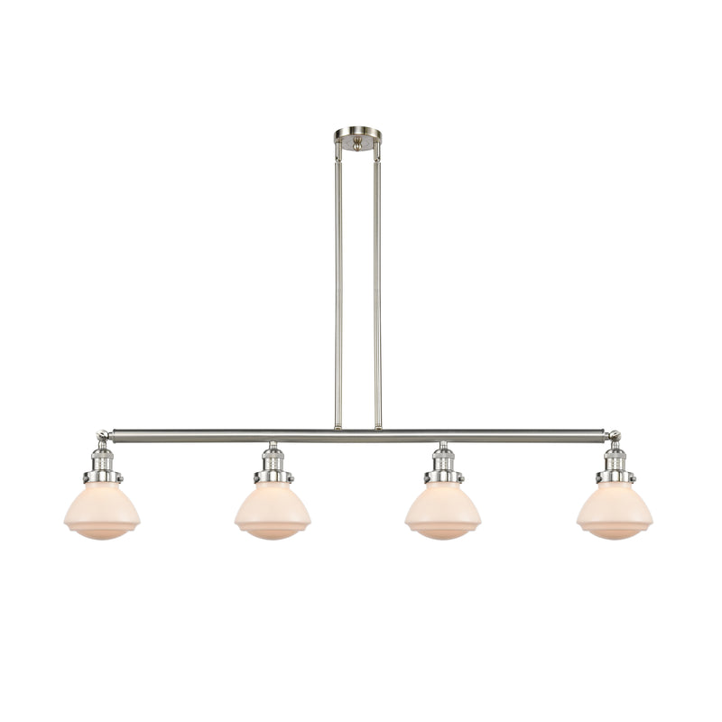 Olean Island Light shown in the Brushed Satin Nickel finish with a Matte White shade