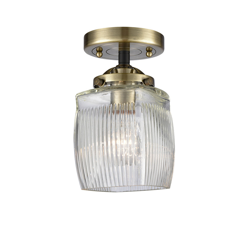 Colton Semi-Flush Mount shown in the Black Antique Brass finish with a Clear Halophane shade