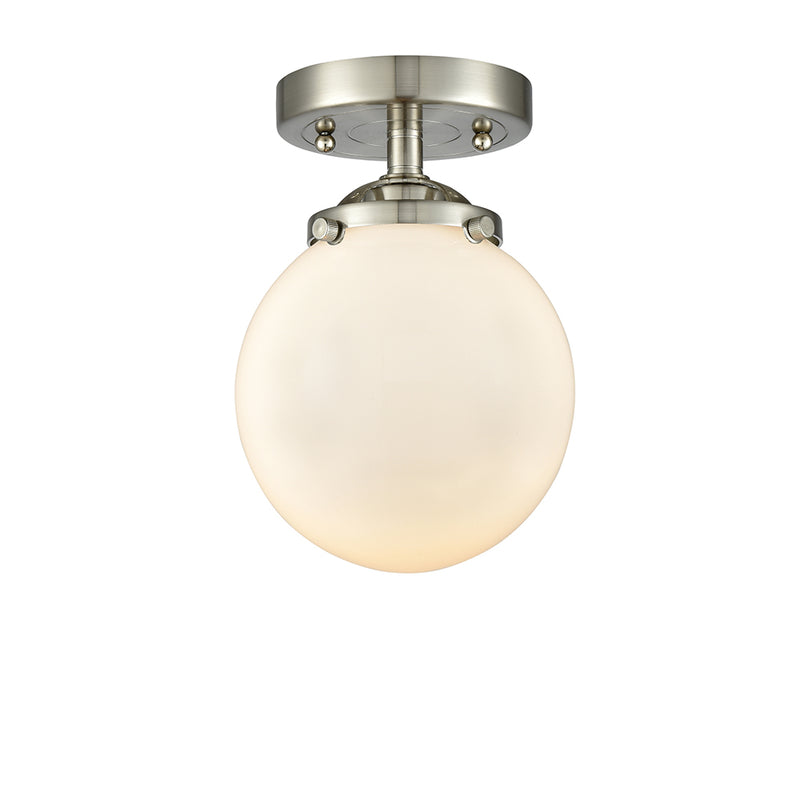 Beacon Semi-Flush Mount shown in the Brushed Satin Nickel finish with a Matte White shade