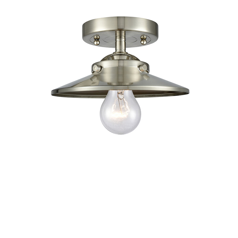 Railroad Semi-Flush Mount shown in the Brushed Satin Nickel finish with a Brushed Satin Nickel shade