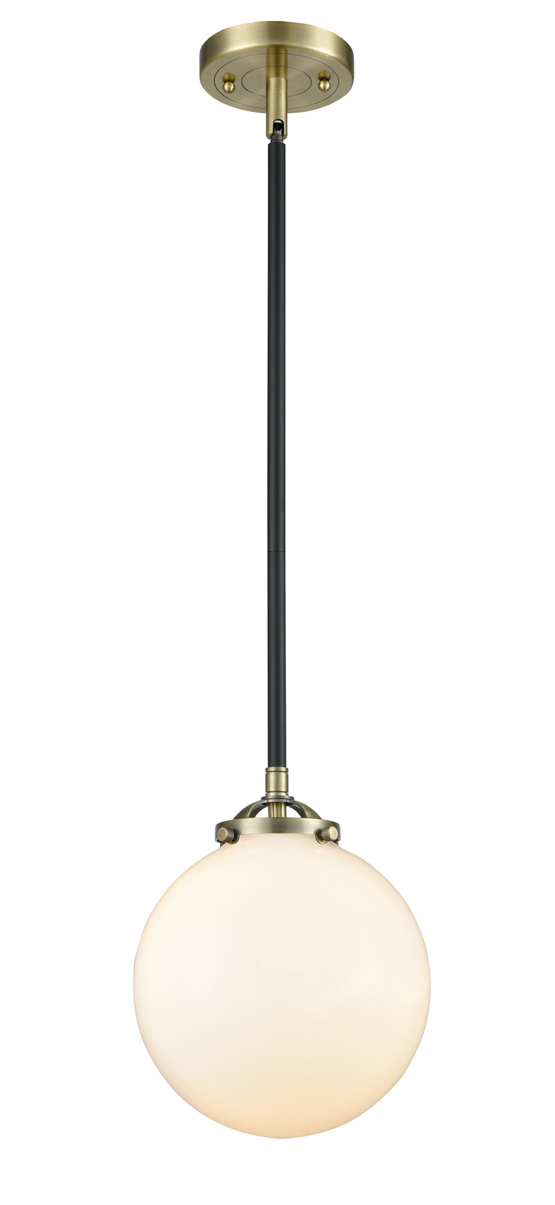 Innovations Lighting Beacon 1-100 watt 8 inch Black Antique Brass Mini Pendant with Gloss White glass and Solid Brass Hang Straight Swivel 2841SBABG2018