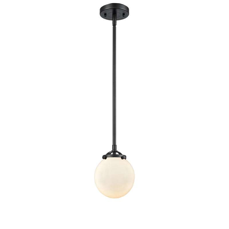 Beacon Mini Pendant shown in the Oil Rubbed Bronze finish with a Matte White shade