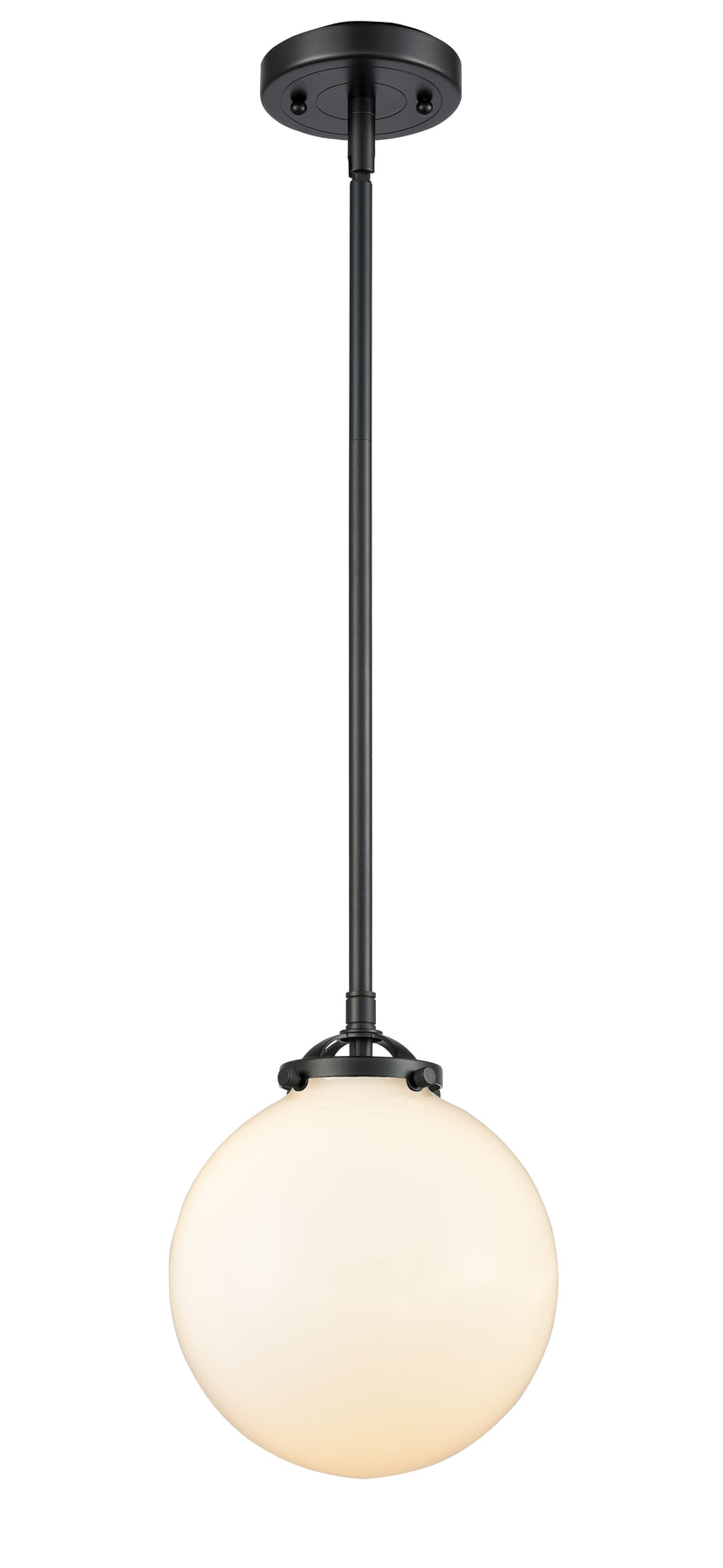 Innovations Lighting Beacon 1-100 watt 8 inch Oil Rubbed Bronze Mini Pendant with Gloss White glass and Solid Brass Hang Straight Swivel 2841SOBG2018