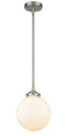 Innovations Lighting Beacon 1-100 watt 8 inch Brushed Satin Nickel Mini Pendant with Gloss White glass and Solid Brass Hang Straight Swivel 2841SSNG2018