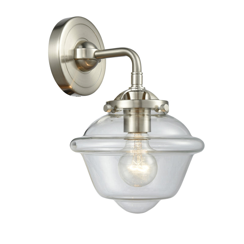 Oxford Sconce shown in the Brushed Satin Nickel finish with a Clear shade