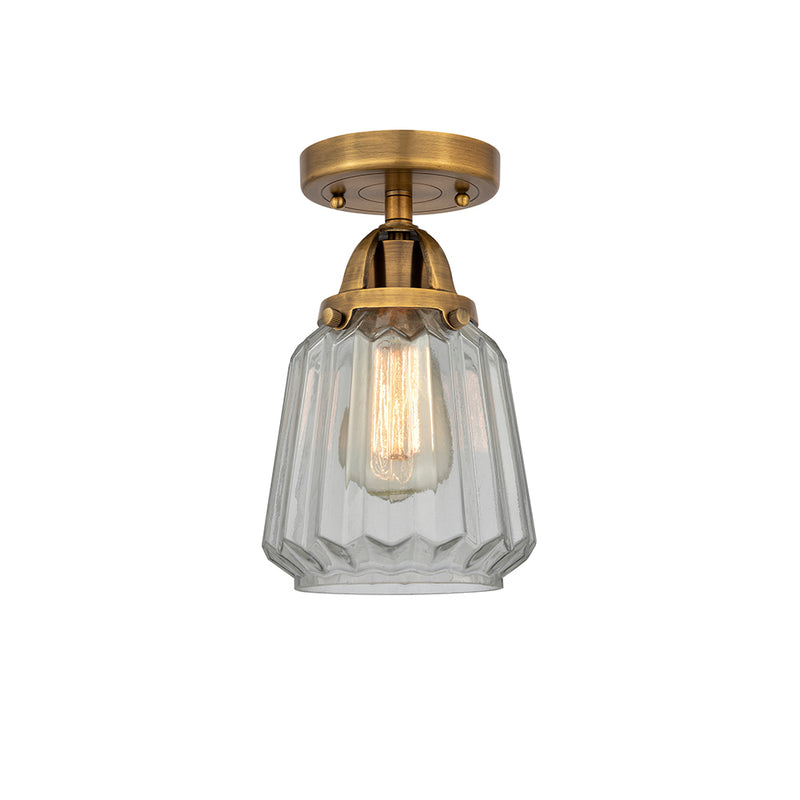 Chatham Semi-Flush Mount shown in the Brushed Brass finish with a Clear shade