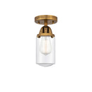 Dover Semi-Flush Mount shown in the Brushed Brass finish with a Clear shade