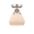 Fulton Semi-Flush Mount shown in the Brushed Satin Nickel finish with a Matte White shade