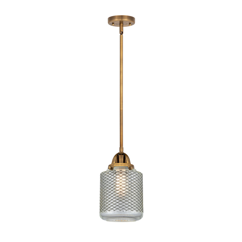 Stanton Mini Pendant shown in the Brushed Brass finish with a Clear Wire Mesh shade