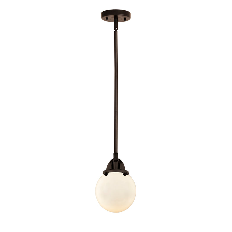 Beacon Mini Pendant shown in the Oil Rubbed Bronze finish with a Matte White shade