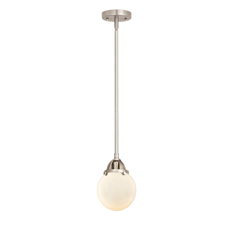 Beacon Mini Pendant shown in the Brushed Satin Nickel finish with a Matte White shade