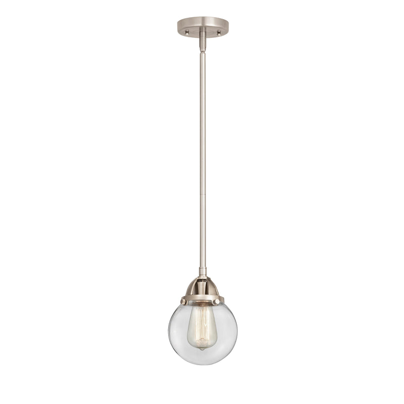 Beacon Mini Pendant shown in the Brushed Satin Nickel finish with a Clear shade