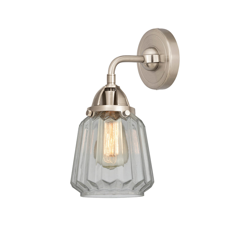 Chatham Sconce shown in the Brushed Satin Nickel finish with a Clear shade