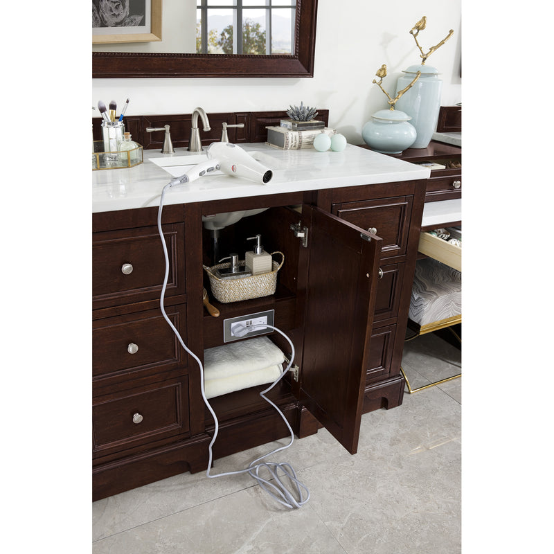 James Martin De Soto 118" Double Vanity Set Burnished Mahogany with Makeup Table 3 cm Arctic Fall Solid Surface Top 825-V118-BNM-DU-AF