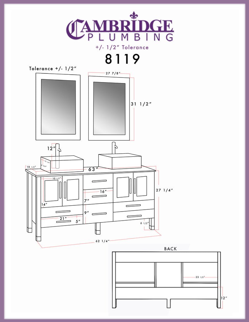 Cambridge Plumbing 63" Solid Wood Vanity Frosted Glass Counter 2 Long-Stemmed BN Faucets