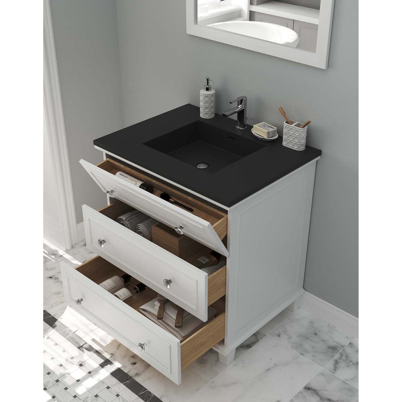 Laviva Luna 30" White Bathroom Vanity with Matte Black VIVA Stone Solid Surface Countertop 313DVN-30W-MB