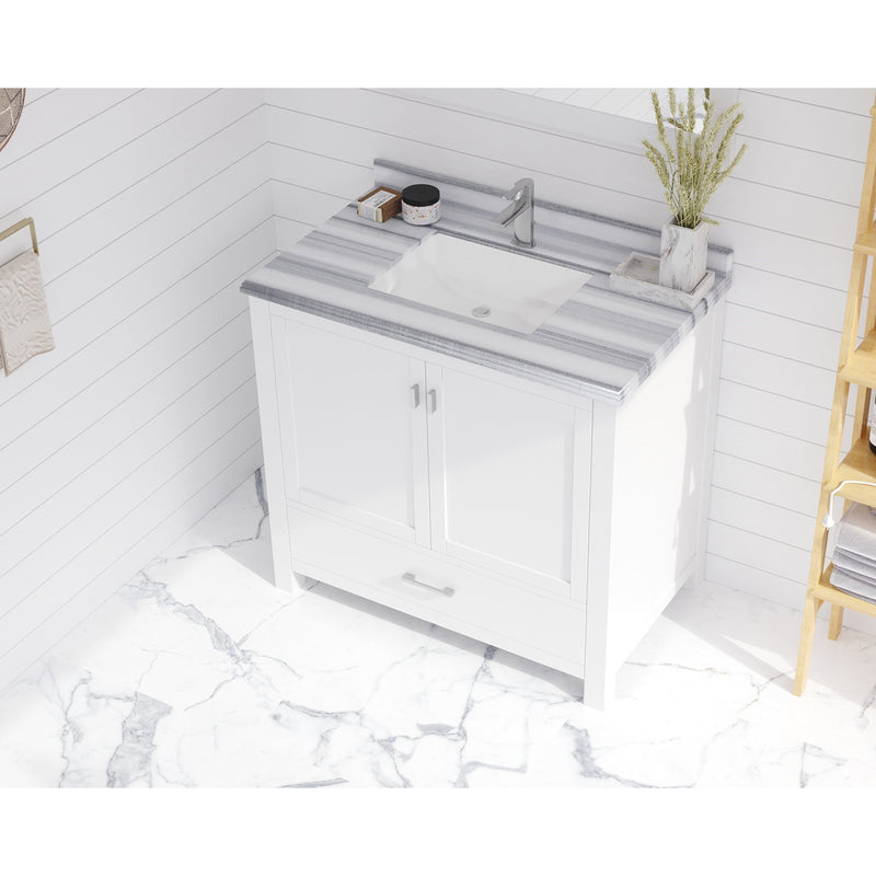 Laviva Forever 36" Single Hole White Stripes Marble Countertop with Rectangular Ceramic Sink 313SQ1H-36-WS