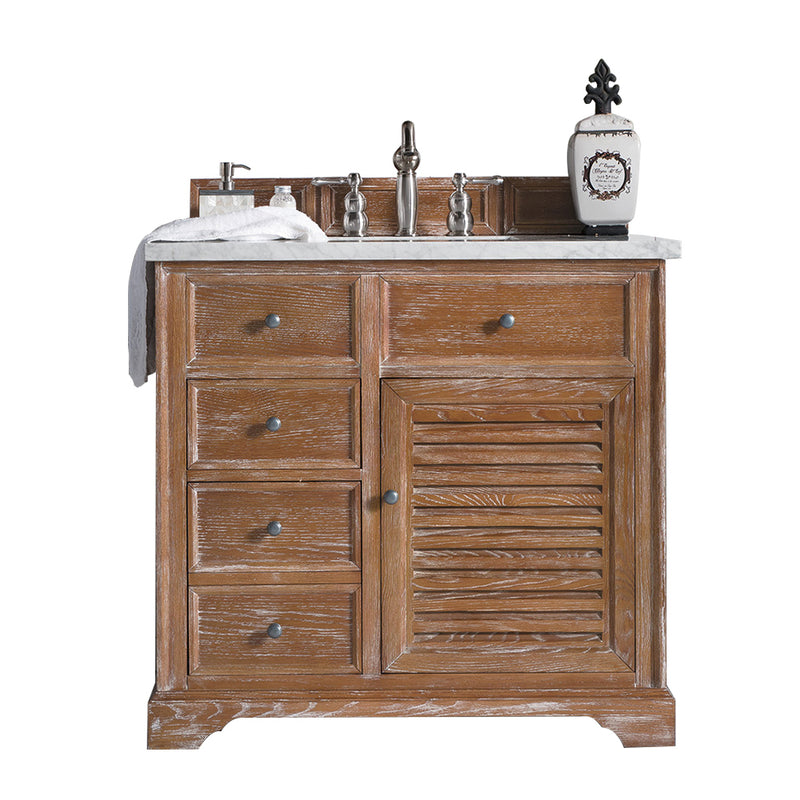 James Martin Savannah 36" Single Vanity Cabinet Driftwood with 3 cm Eternal Jasmine Pearl Quartz Top 238-104-5511-3EJP