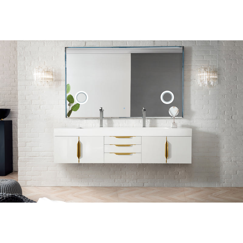 James Martin Mercer Island 72" Double Vanity Glossy White Radiant Gold with Glossy White Composite Top 389-V72D-GW-G-GW