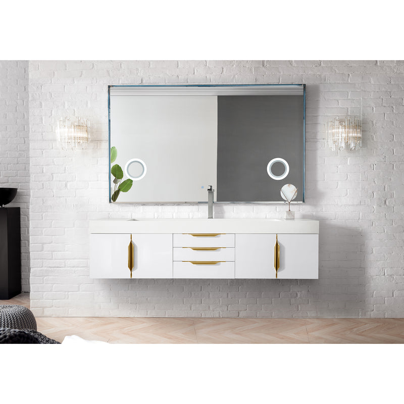 James Martin Mercer Island 72" Single Vanity Glossy White Radiant Gold with Glossy White Composite Top 389-V72S-GW-G-GW