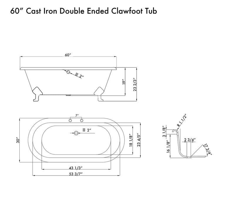 Cambridge Plumbing Cast Iron Double Ended Clawfoot Tub 60" x 30" 7" Drillings BRZ Package