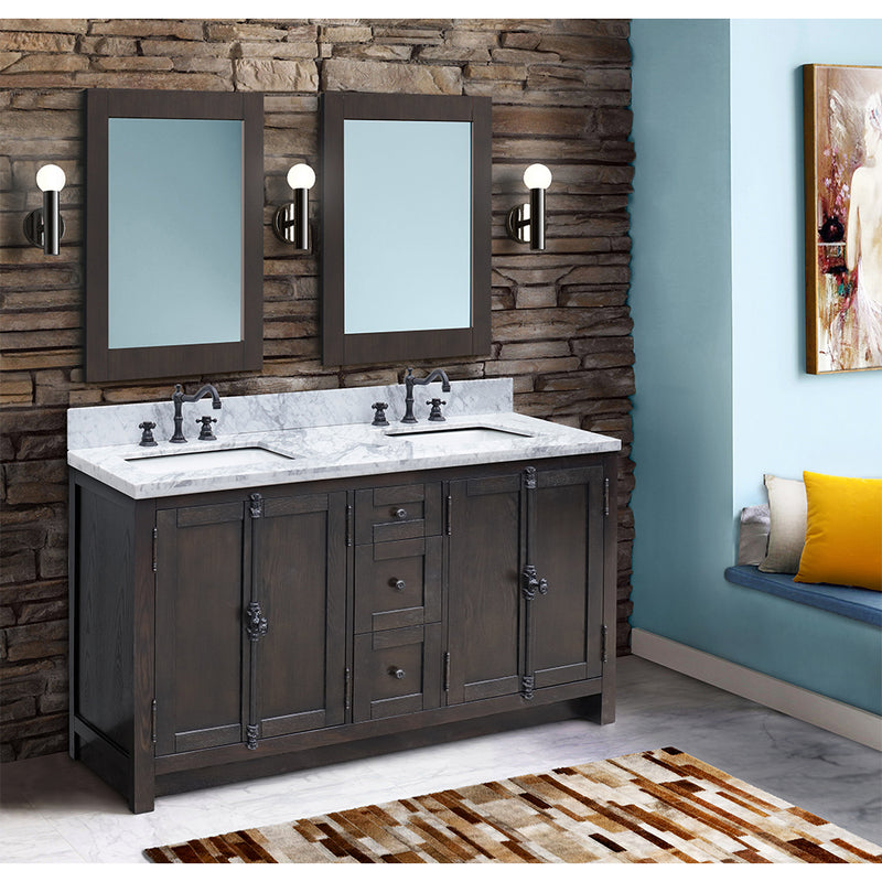 Bellaterra 55" Double Vanity" Brown Ash Top With White Carrara And Rectangle Sink 400100-55-BA-WM
