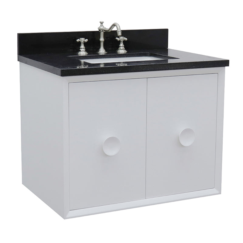 Bellaterra 31" Single Wall Mount Vanity" White Finish Top With Black Galaxy And Rectangle Sink 400400-CAB-WH-BGR