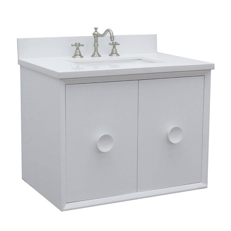 Bellaterra 31" Single Wall Mount Vanity" White Finish Top With White Quartz And Rectangle Sink 400400-CAB-WH-WER