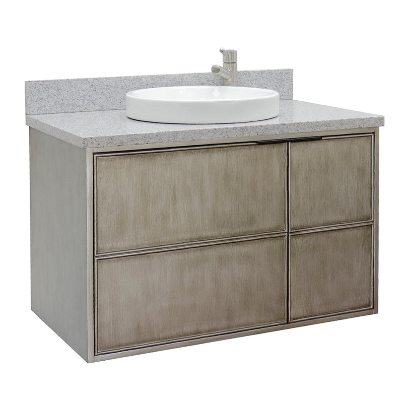 Bellaterra 37" Single Wall Mount Vanity" Linen Brown Finish Top With Gray Granite And Round Sink 400500-CAB-LN-GYRD