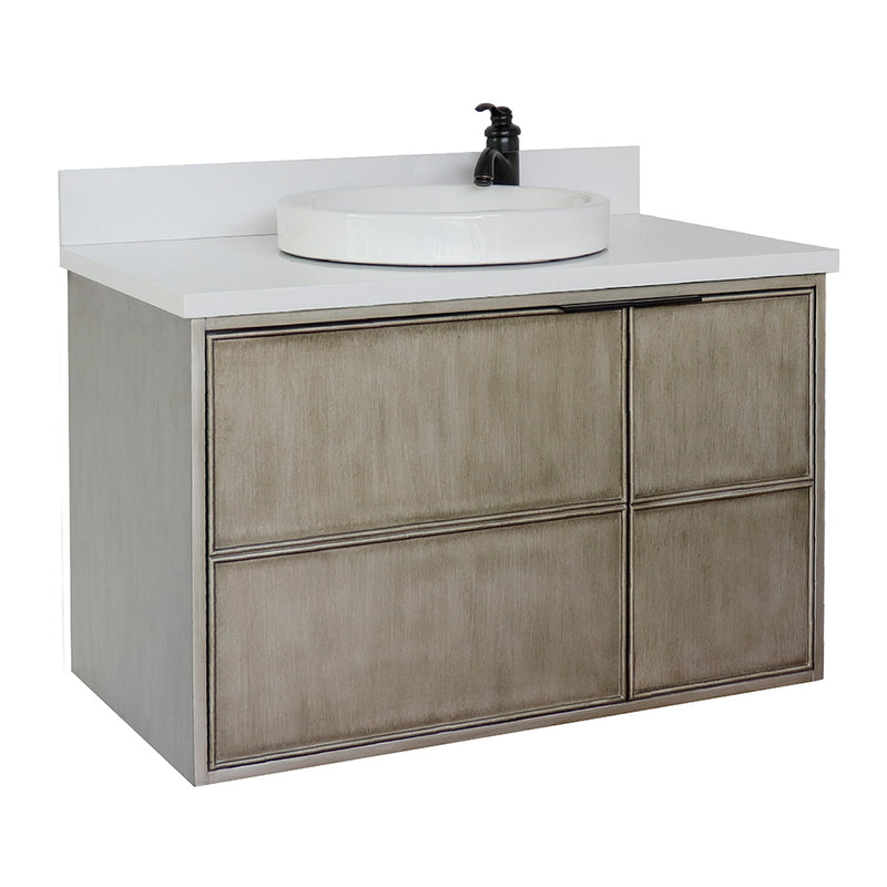 Bellaterra 37" Single Wall Mount Vanity" Linen Brown Finish Top With White Quartz And Round Sink 400500-CAB-LN-WERD