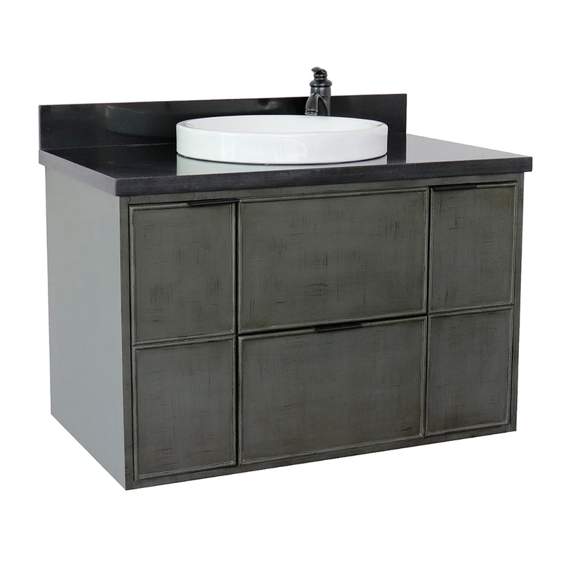 Bellaterra 37" Single Wall Mount Vanity" Linen Gray Finish Top With Black Galaxy And Round Sink 400501-CAB-LY-BGRD