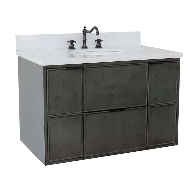 Bellaterra 37" Single Wall Mount Vanity" Linen Gray Finish Top With White Quartz And Oval Sink 400501-CAB-LY-WEO