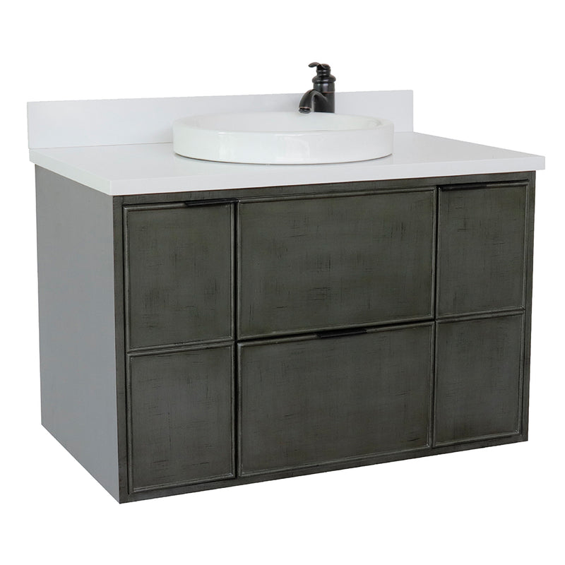 Bellaterra 37" Single Wall Mount Vanity" Linen Gray Finish Top With White Quartz And Round Sink 400501-CAB-LY-WERD