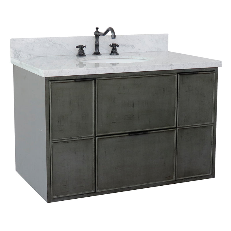 Bellaterra 37" Single Wall Mount Vanity" Linen Gray Finish Top With White Carrara And Oval Sink 400501-CAB-LY-WMO